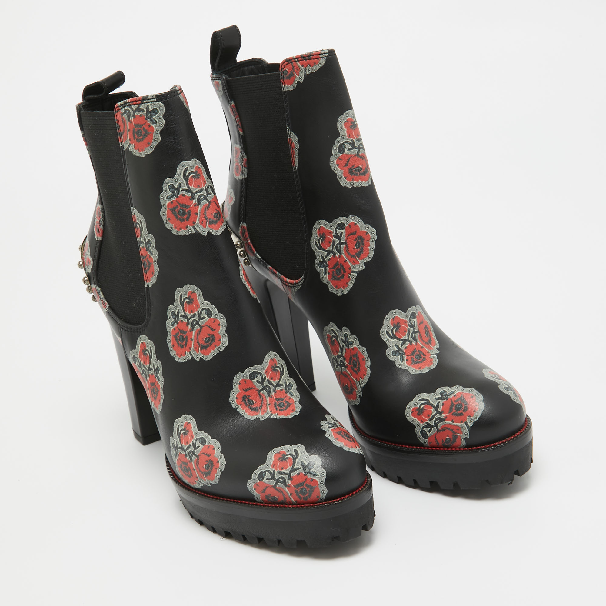 Alexander McQueen Black/Red Floral Print Leather Studded Ankle Boots Size 36