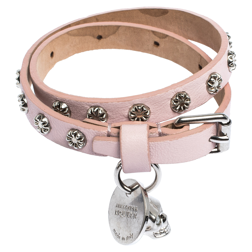 Alexander McQueen Light Pink Leather Skull Wrap Bracelet