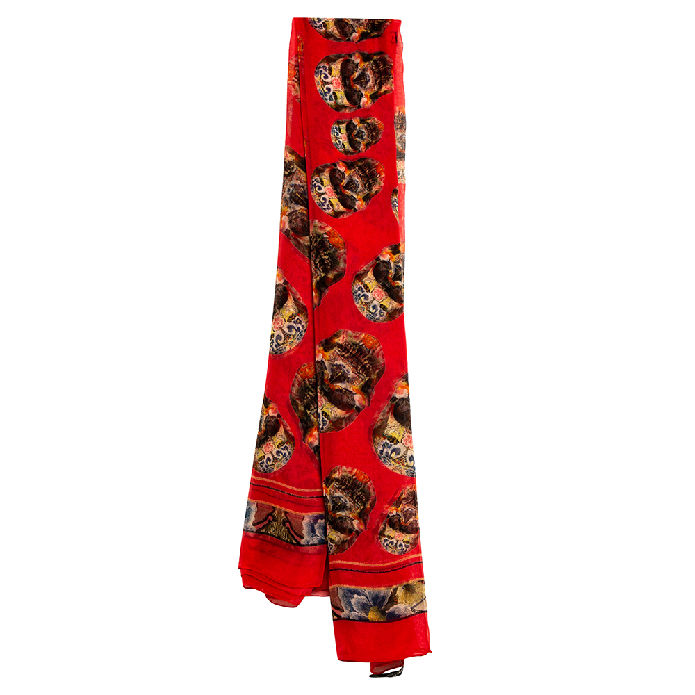 Image of Alexander McQueen Red Skull Print Silk Chiffon Scarf