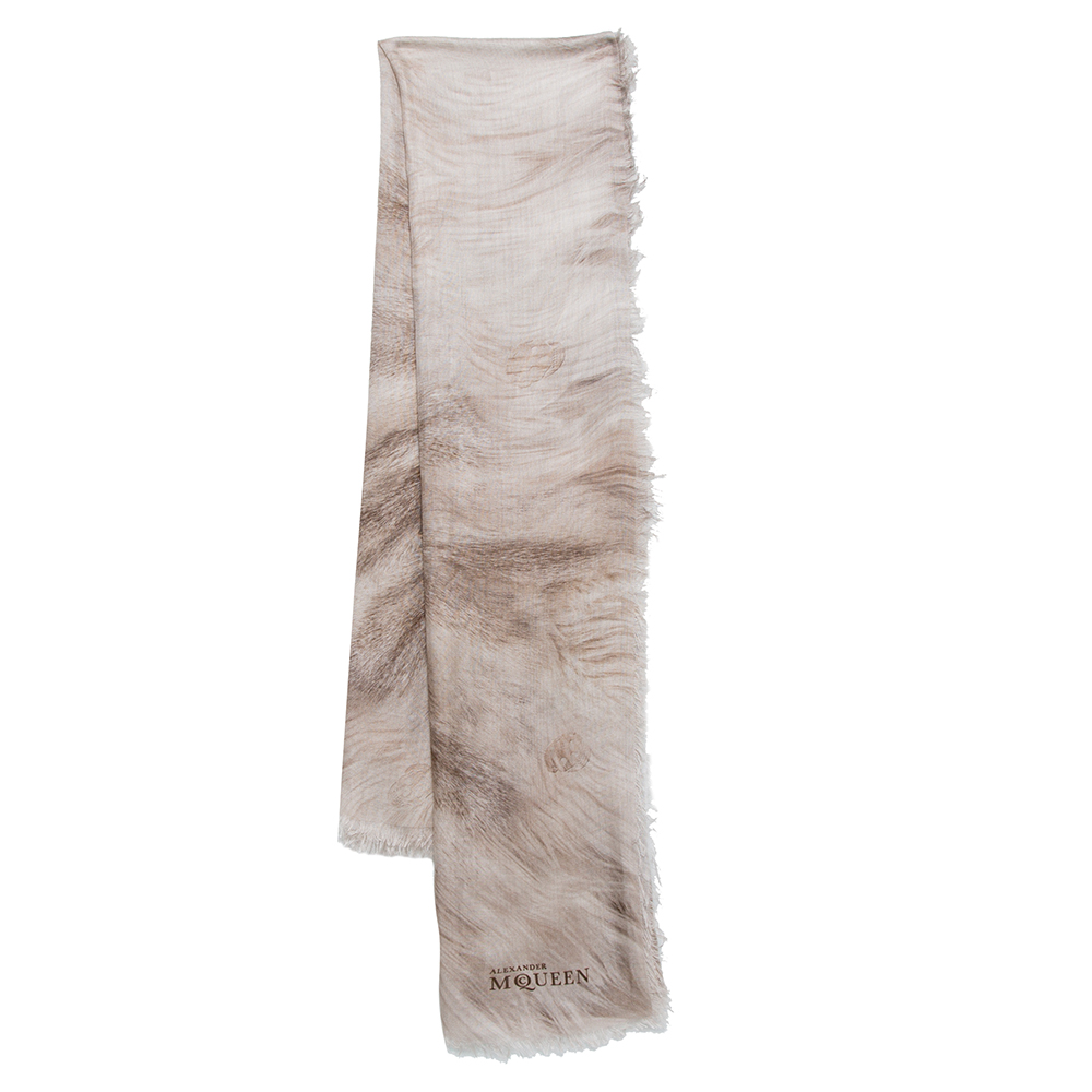 Image of Alexander McQueen Beige Fur and Skull Print Modal Silk Scarf
