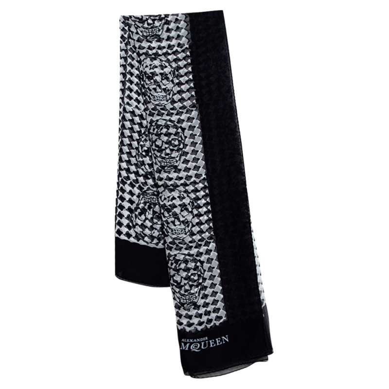 Image of Alexander McQueen Black & White Skull Print Silk Scarf