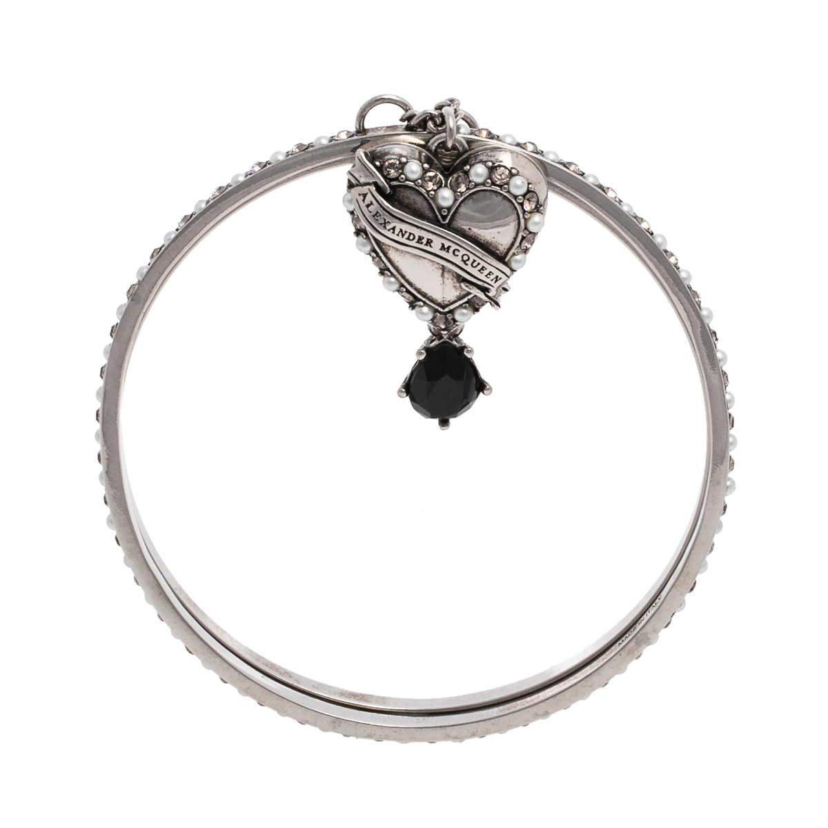 Alexander McQueen Antique Silver Tone Heart Locket Charm Layered Bangle Bracelet