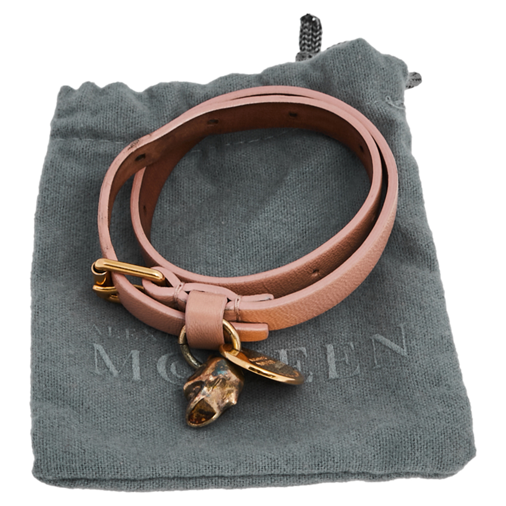 Alexander McQueen Skull Charm Pink Leather Gold Tone Double Wrap Bracelet