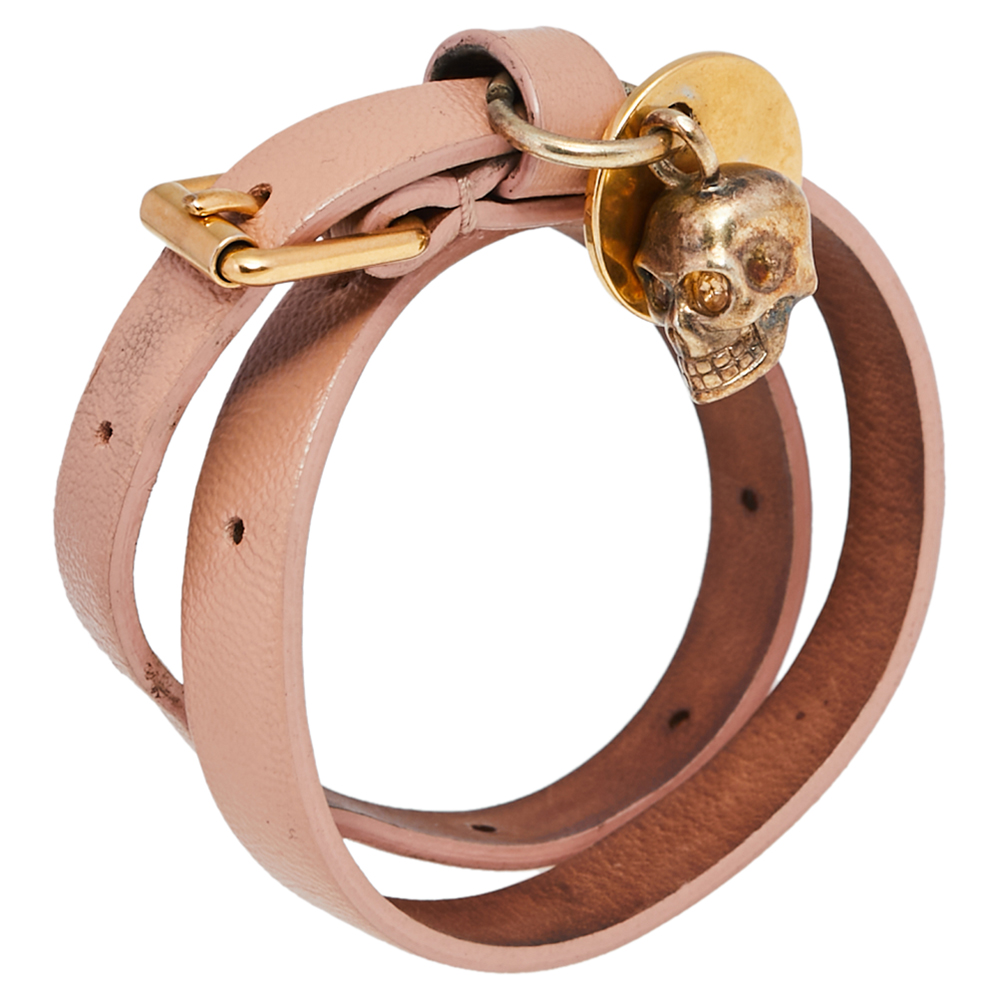 Alexander McQueen Skull Charm Pink Leather Gold Tone Double Wrap Bracelet