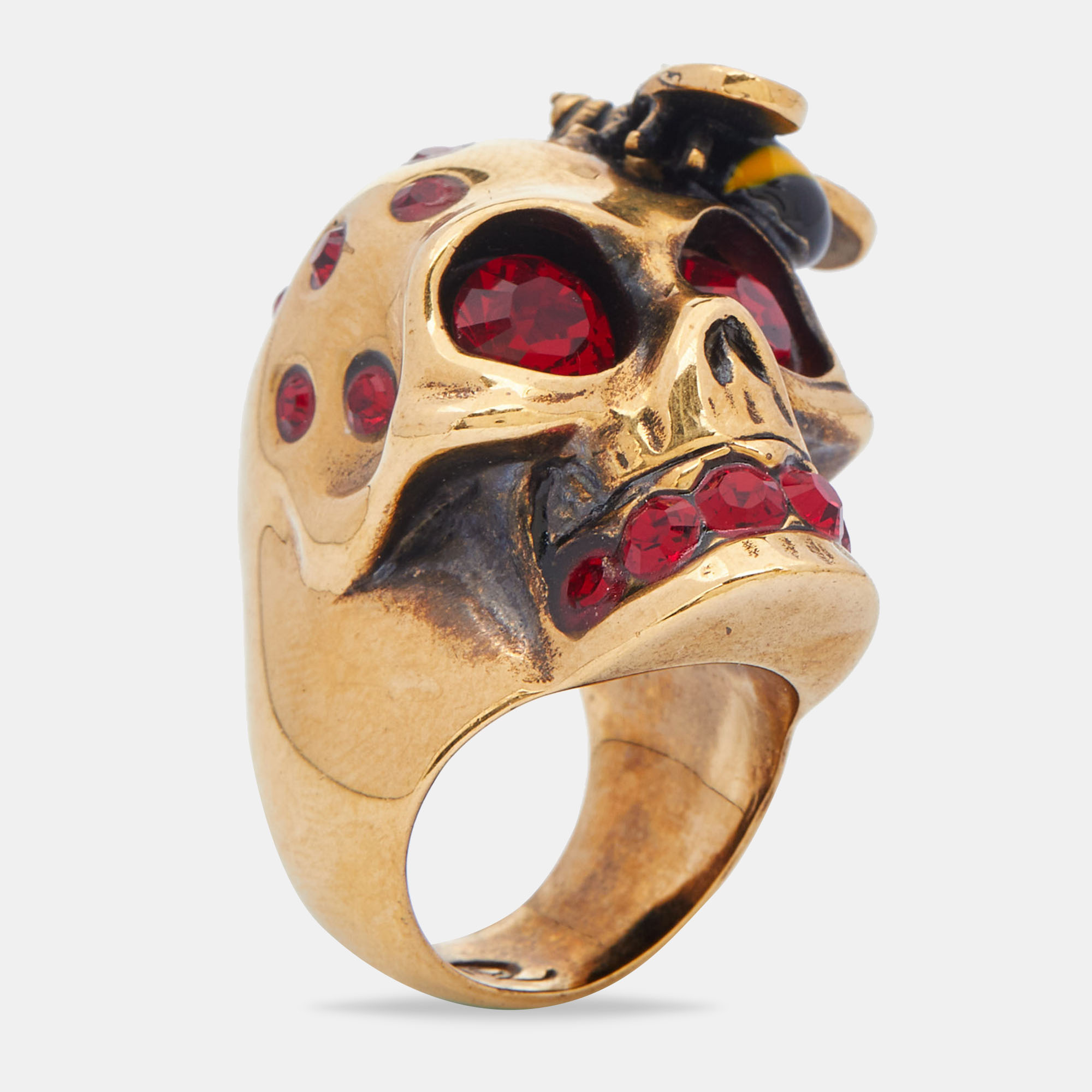 Alexander McQueen Gold Tone Bee & Skull Ring Size 51