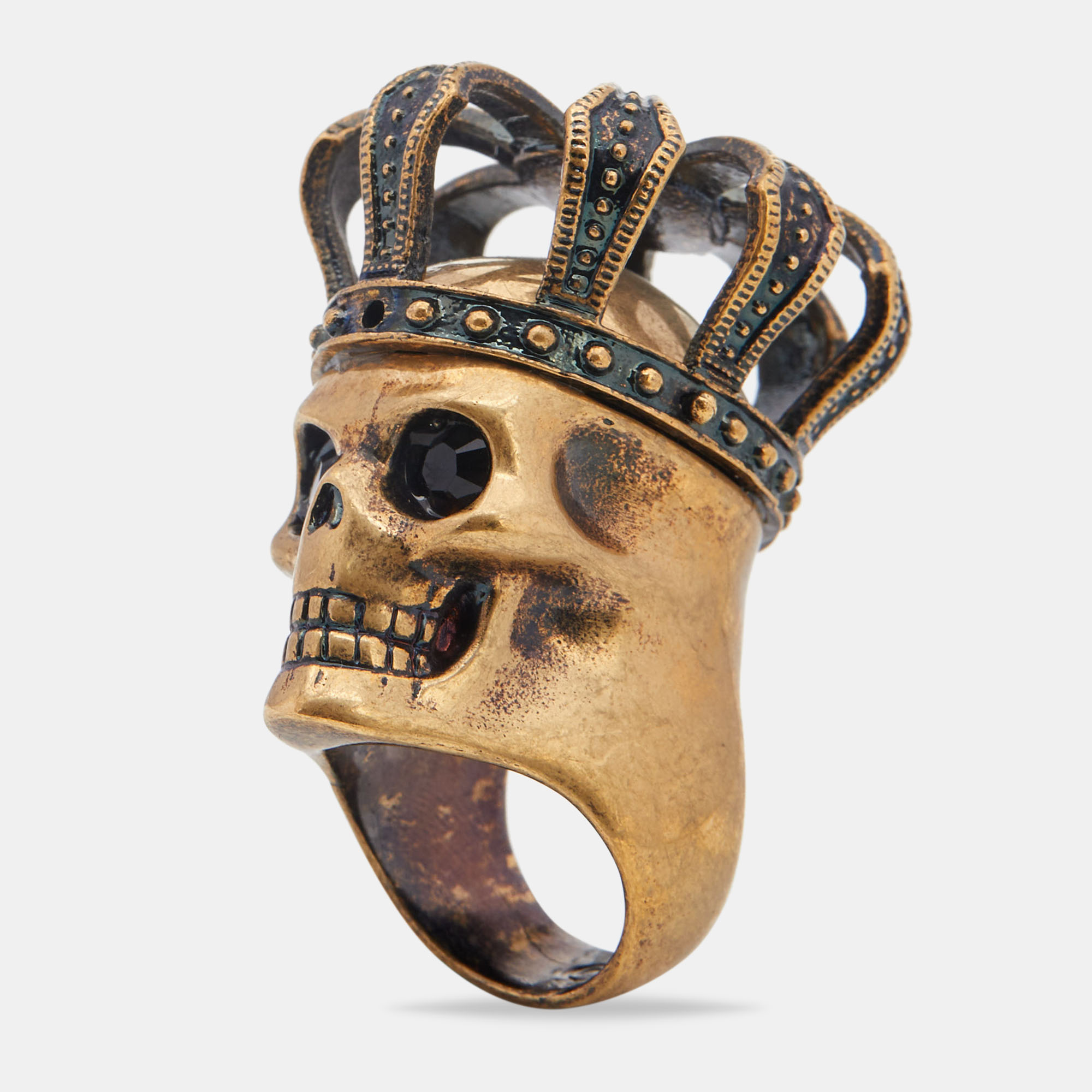 Alexander McQueen Gold Tone Crystal Eye Skull & Crown Ring Size 54