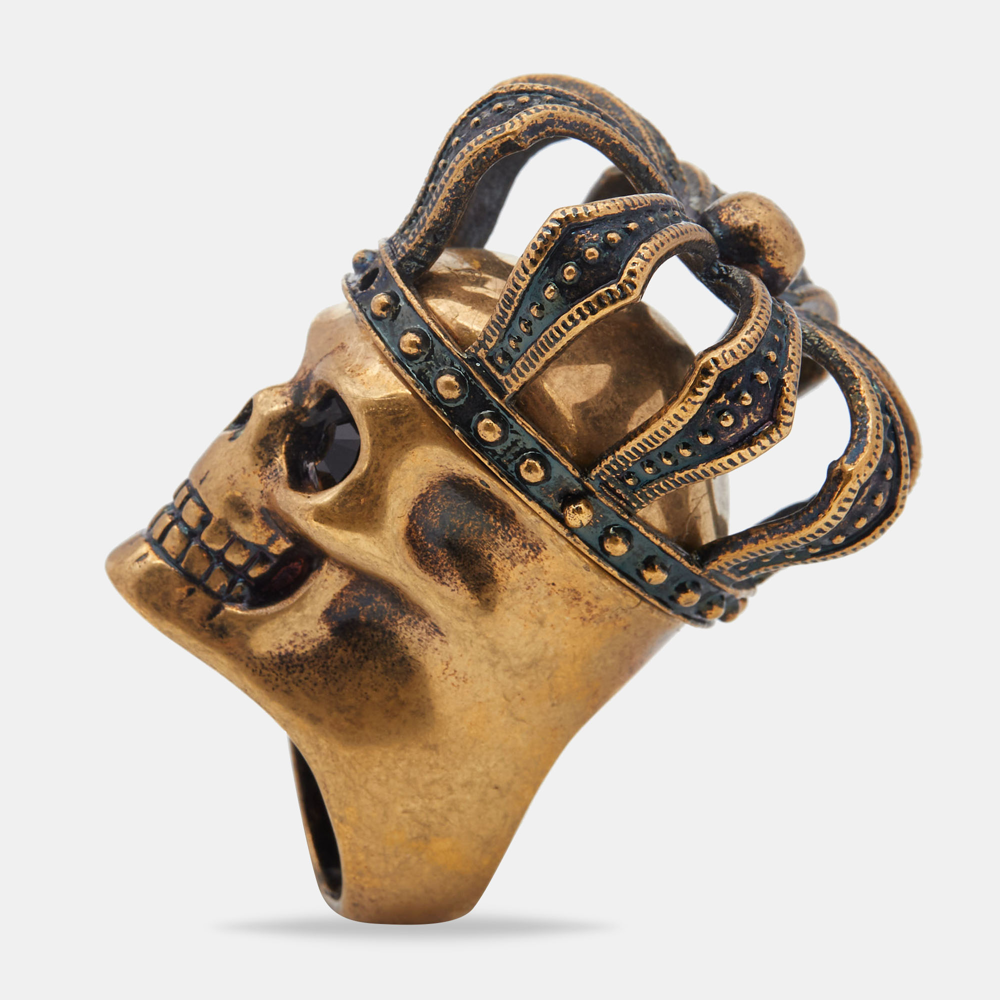 Alexander McQueen Gold Tone Crystal Eye Skull & Crown Ring Size 54