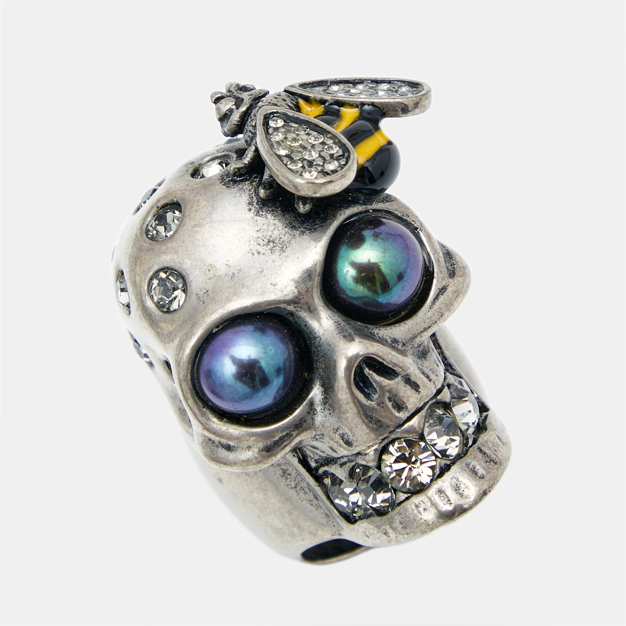 Alexander McQueen Bee Crystal Studded Skull Silver Tone Ring Size 51