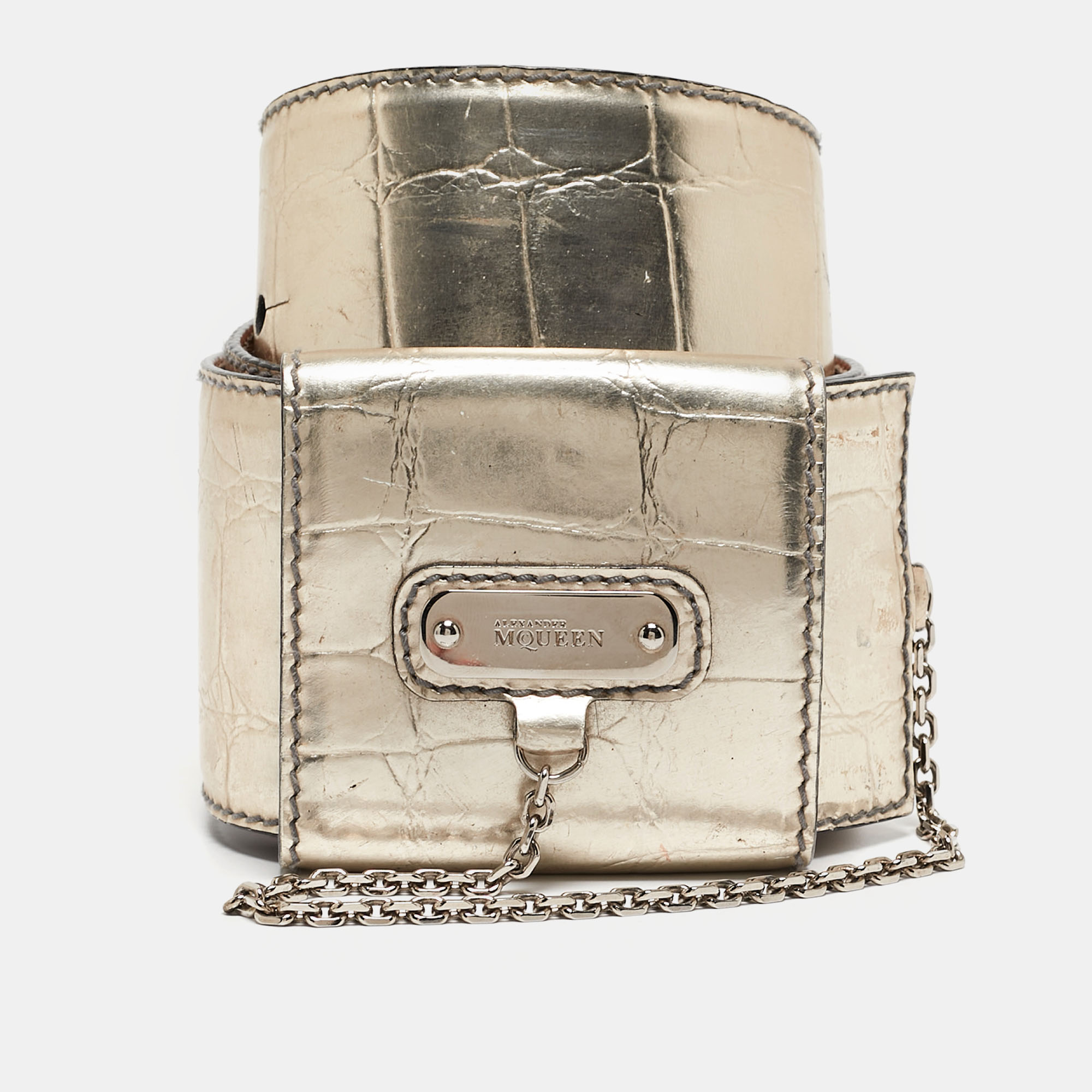 Alexander McQueen Light Gold Croc Embossed Leather Logo Wide Waist Belt