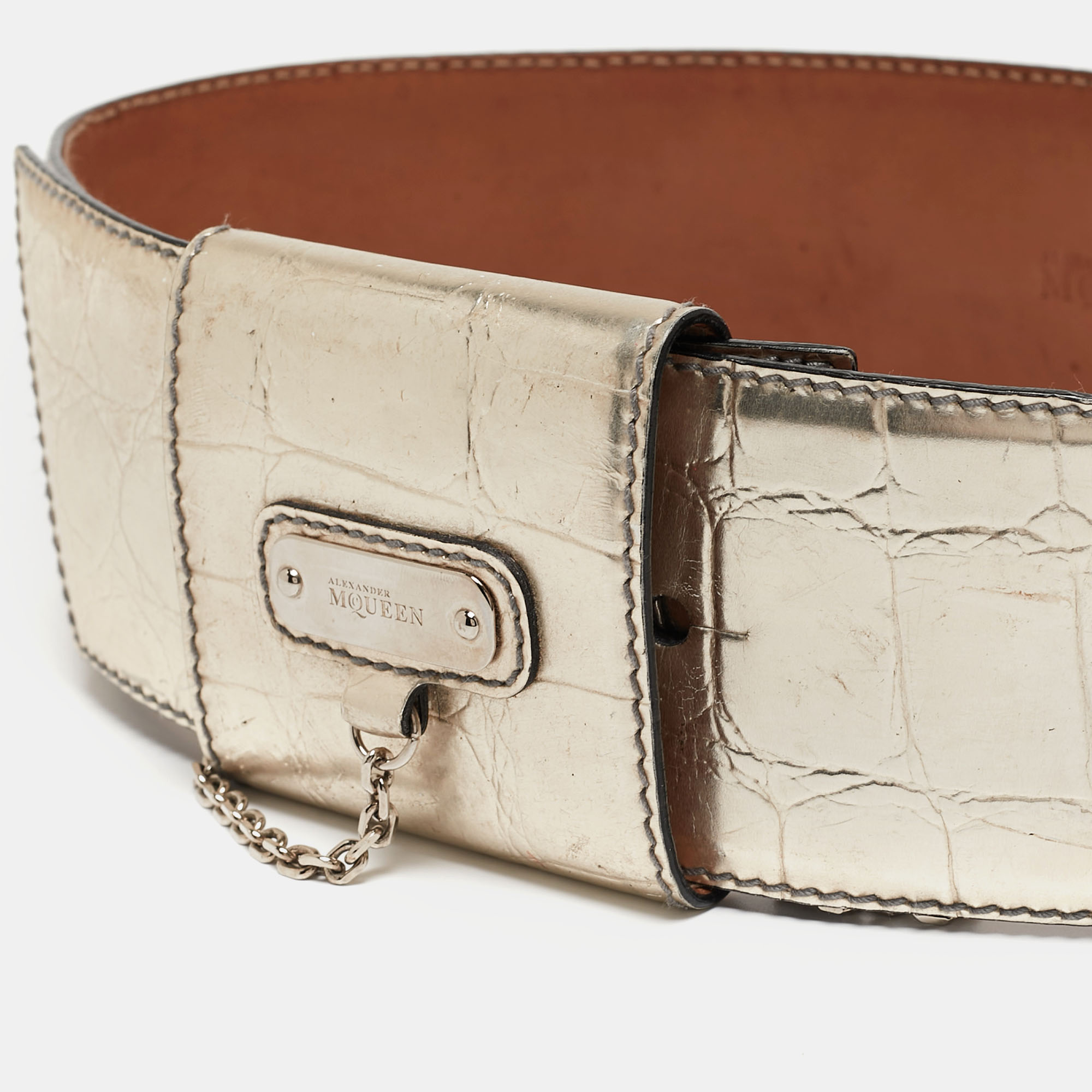

Alexander McQueen Light Gold Croc Embossed Leather Logo Wide Waist Belt