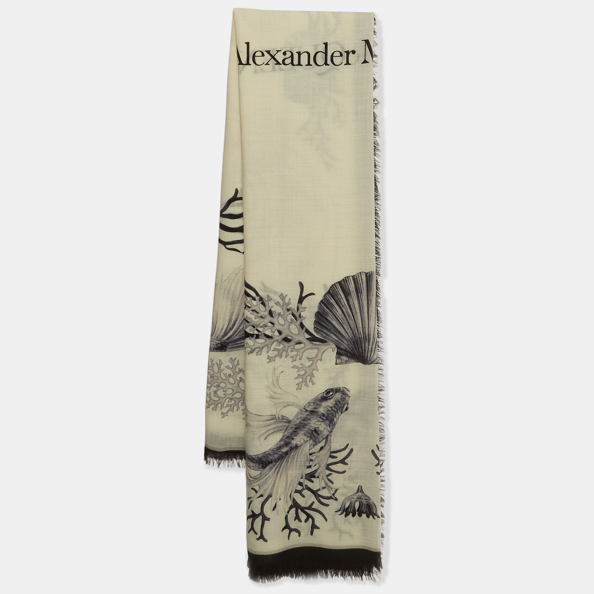 Alexander McQueen Ivory Underwater Graphic Print Wool Shawl