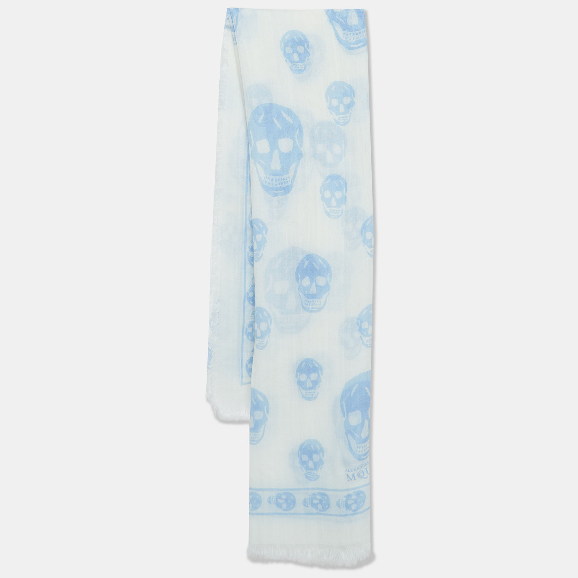 Alexander mcqueen white skull print modal and cashmere fringed scarf
