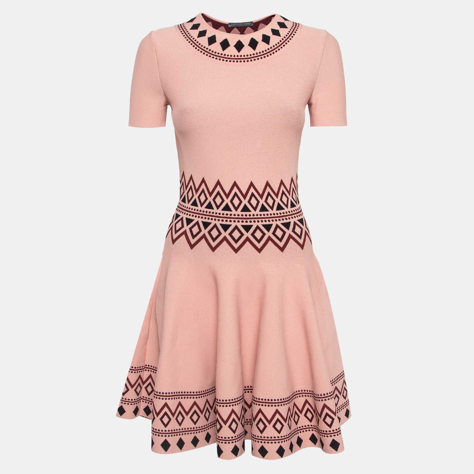 Alexander mcqueen pink pattern knit flounce geo midi dress s