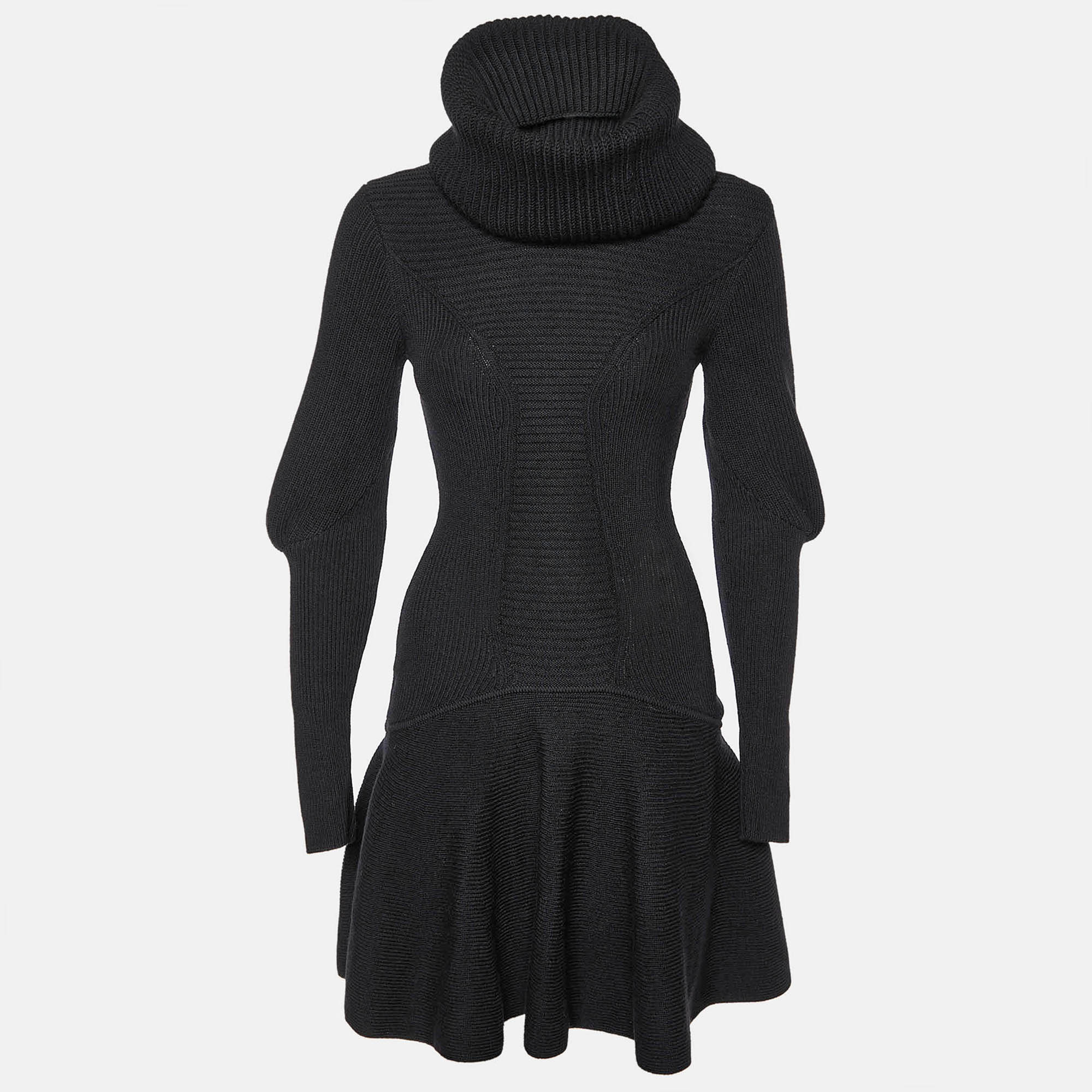 Alexander mcqueen black rib knit detachable collar short dress s