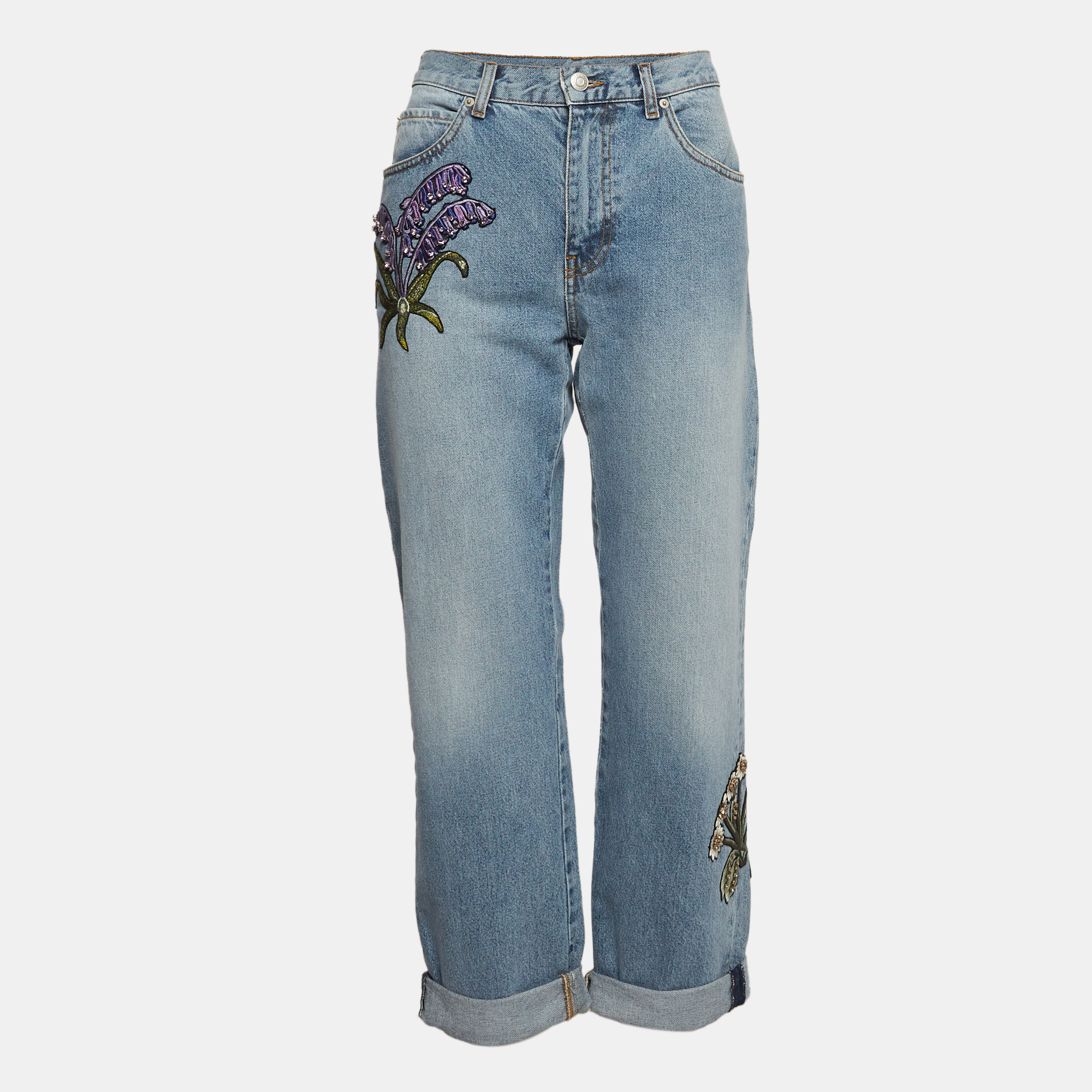 Alexander mcqueen blue embroidered floral denim boyfriend jeans s waist 28"