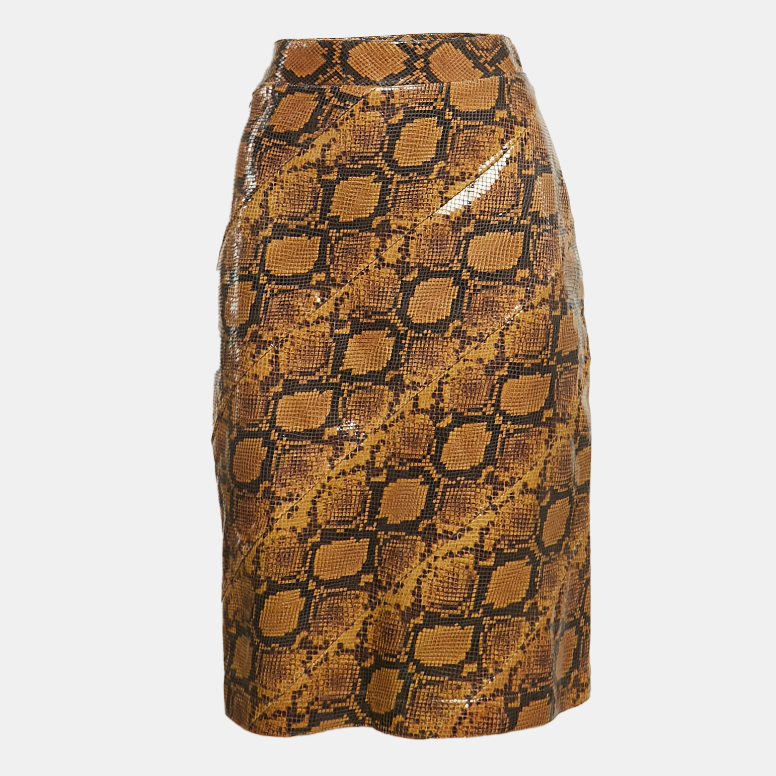 Alexander McQueen Brown Snakeskin Pattern Patent Leather Pencil Skirt M