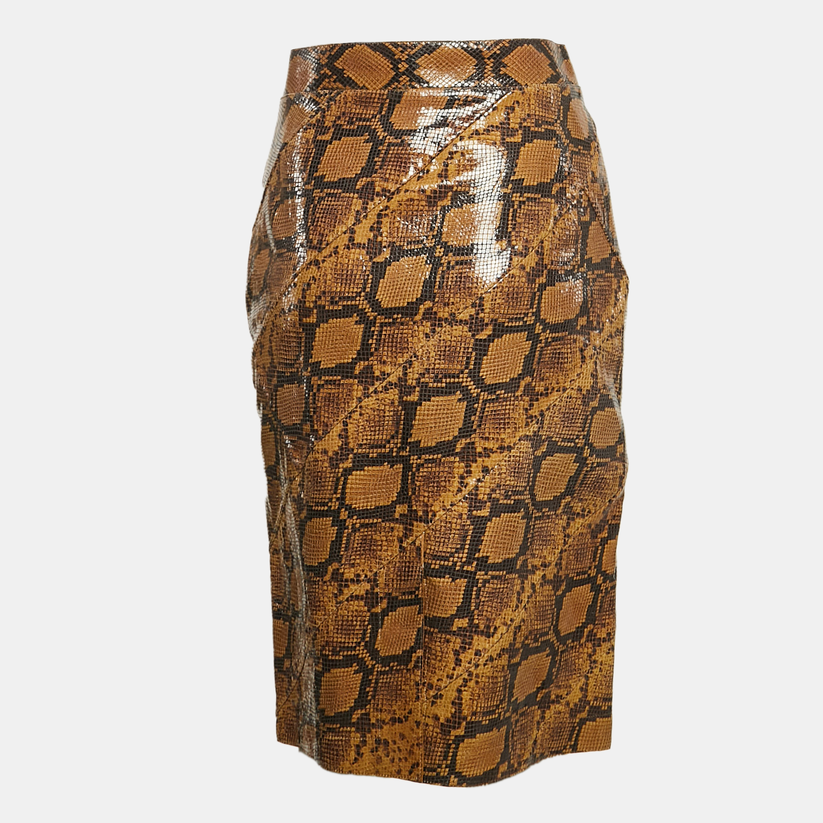 Alexander McQueen Brown Snakeskin Pattern Patent Leather Pencil Skirt M