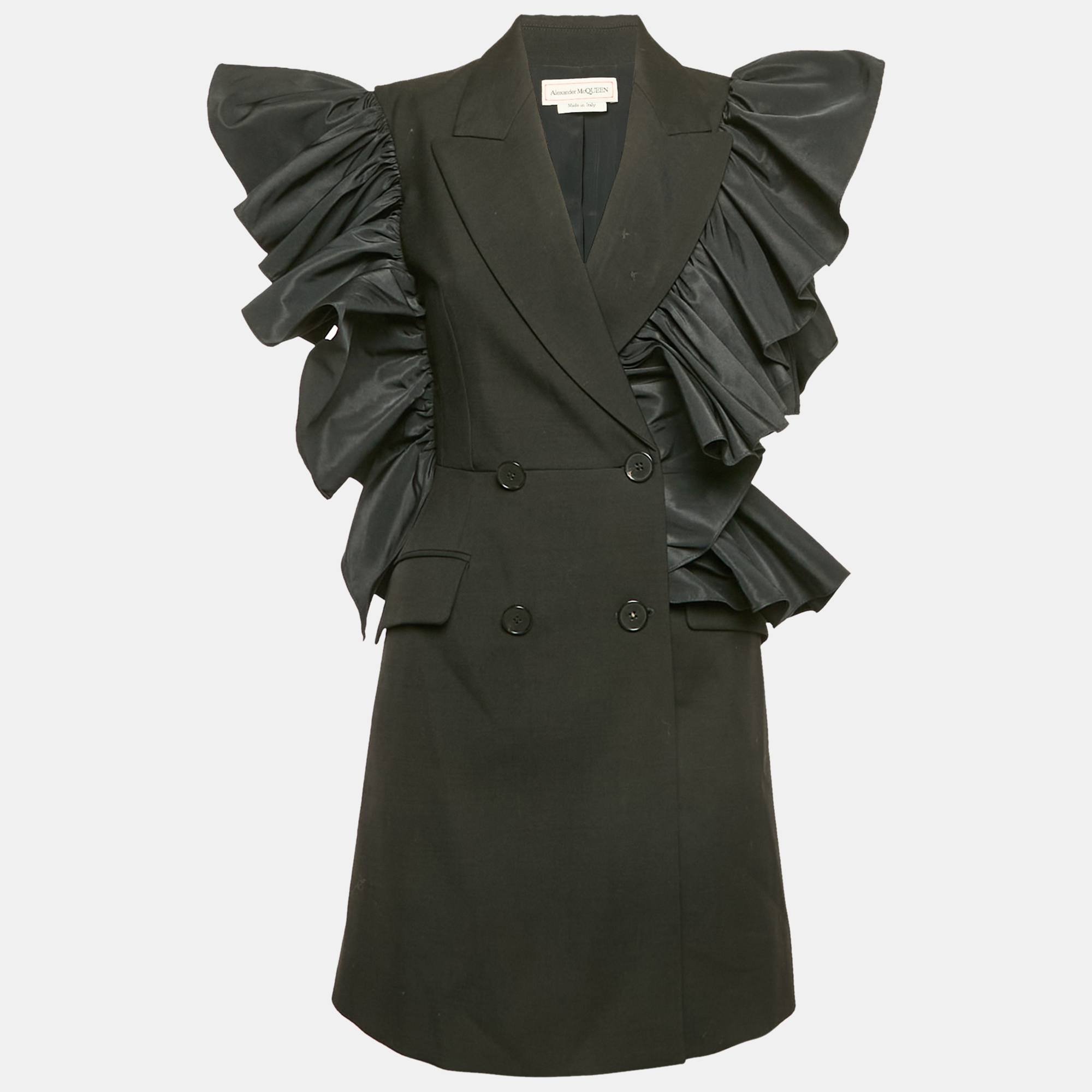 Alexander McQueen Black Wool and Ruffled Double Breasted Mini Dress S
Alexander McQueen Black Wool and Ruffled Double Breasted Mini Dress S