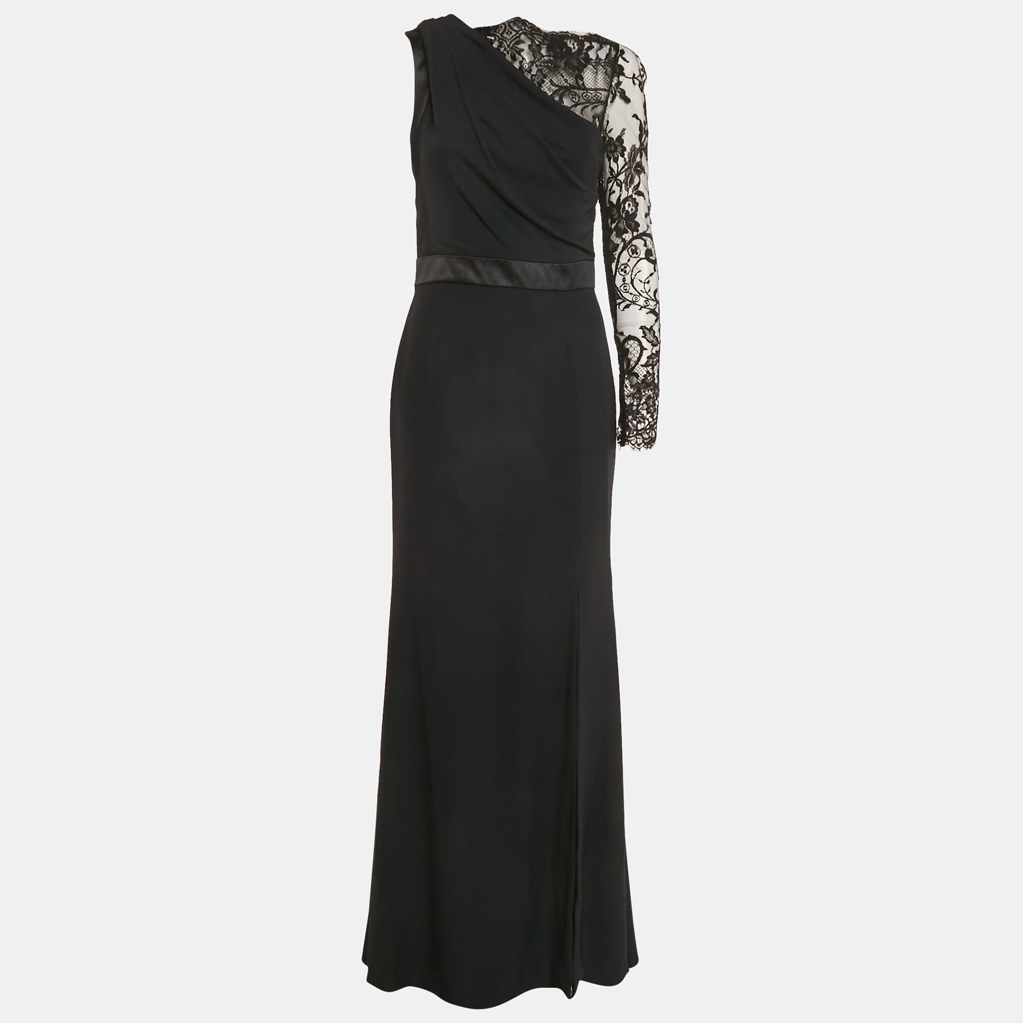 Alexander McQueen Black Lace Trim Crepe Asymmetric Sleeve Maxi Dress M
Alexander McQueen Black Lace Trim Crepe Asymmetric Sleeve Maxi Dress M