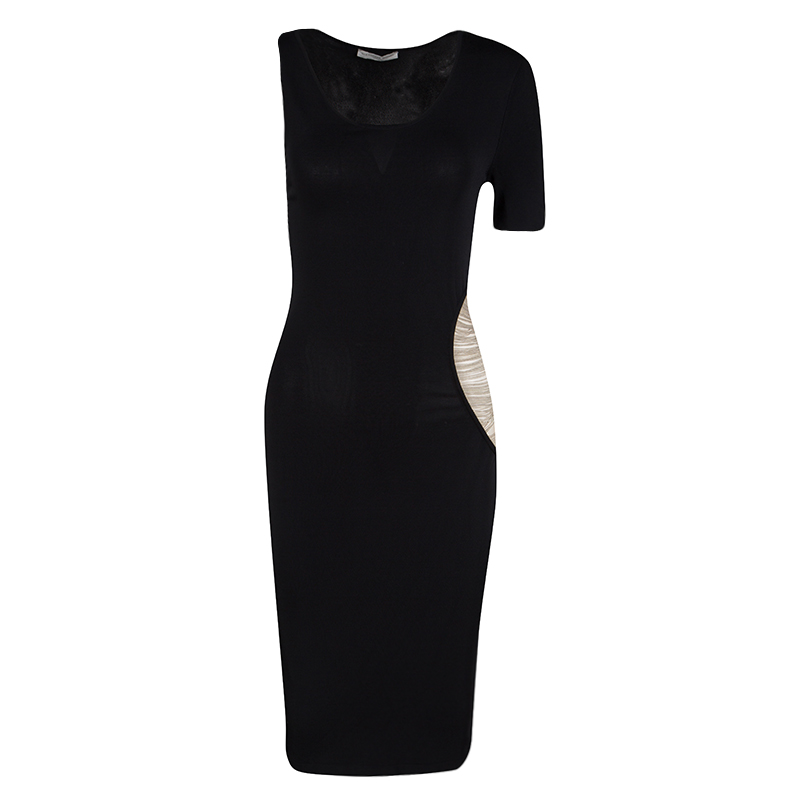 Image of Alexander McQueen Black Knit Asymmetric Sleeve Chain Detail Bodycon Dress XS