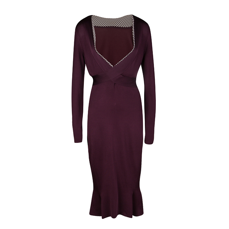 Image of Alexander McQueen Burgundy Rib Knit Dotted Trim Long Sleeve Dress L