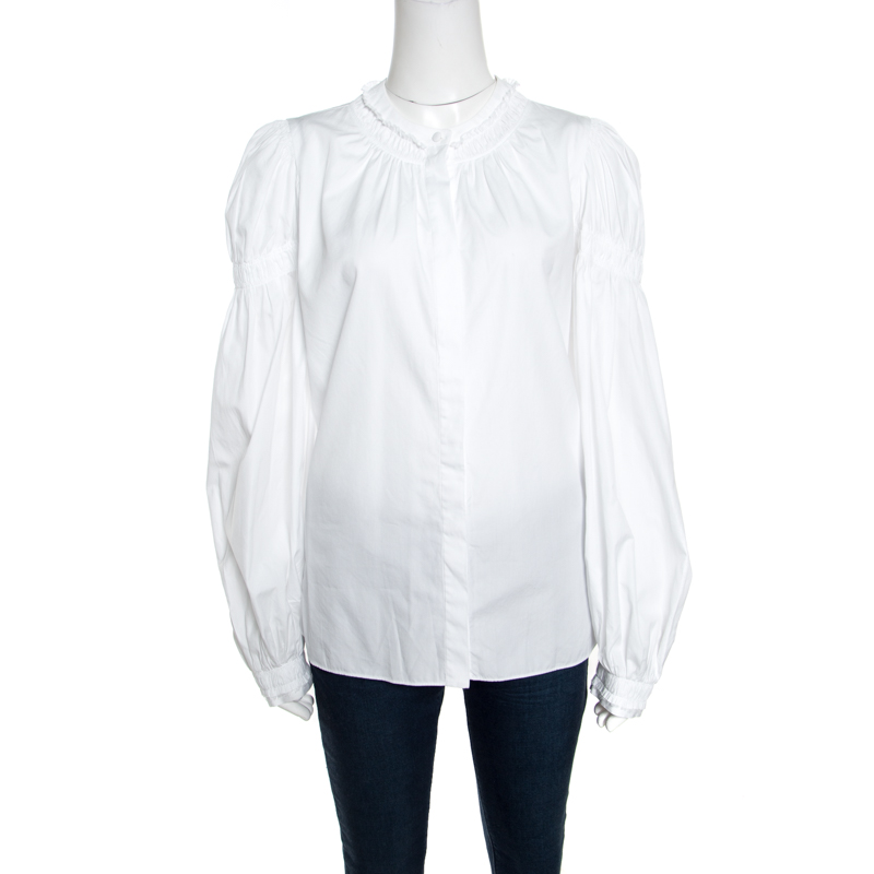 Alexander mcqueen white ruffled gathered trim detail long sleeve blouse m