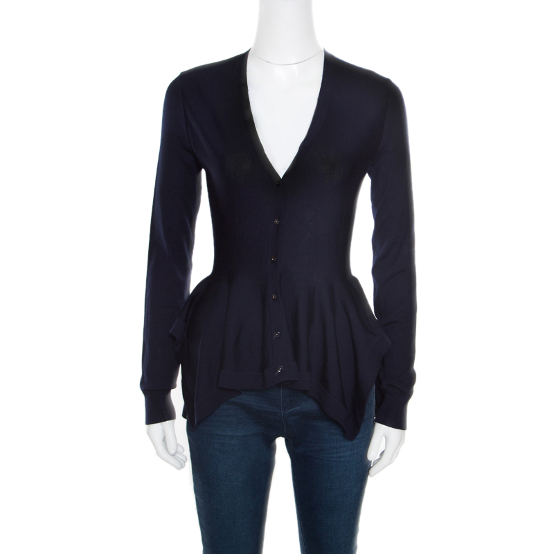 Image of Alexander McQueen Navy Blue Wool Asymmetric Cardigan S