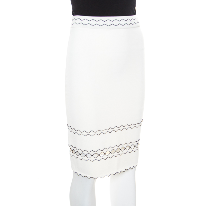 Alexander McQueen Ivory Rib Knit Contrast Cut Out Hem Detail Pencil Skirt S