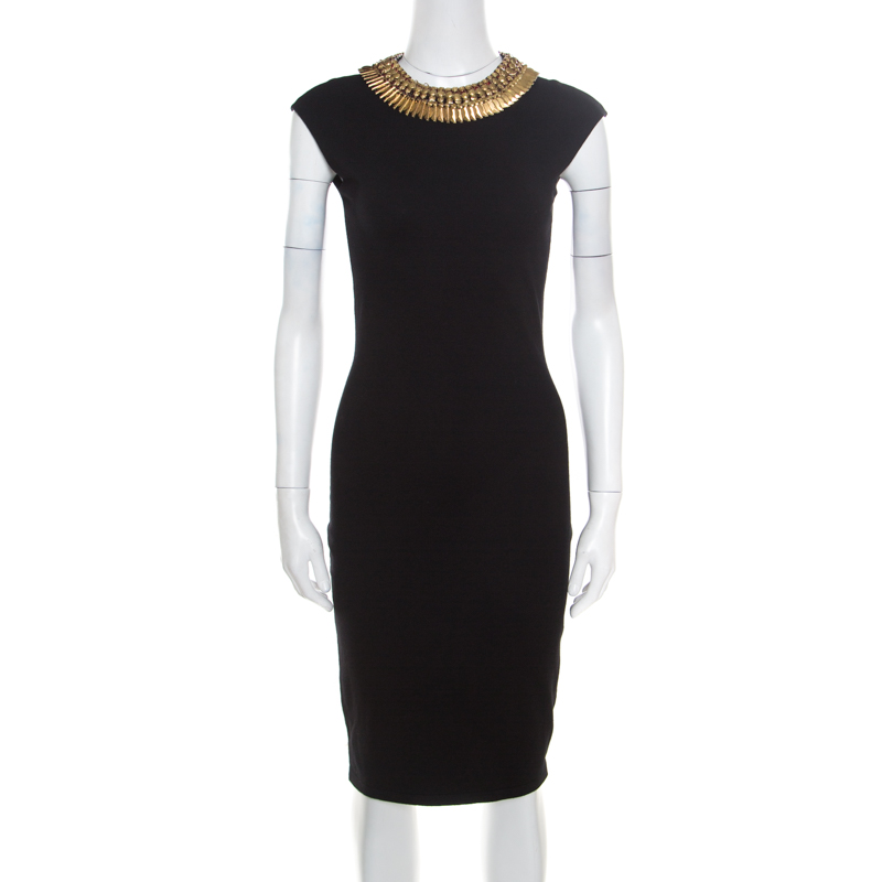 Image of Alexander McQueen Black Stretch Wool Embellished Neck Sleeveless Bodycon Dress XS