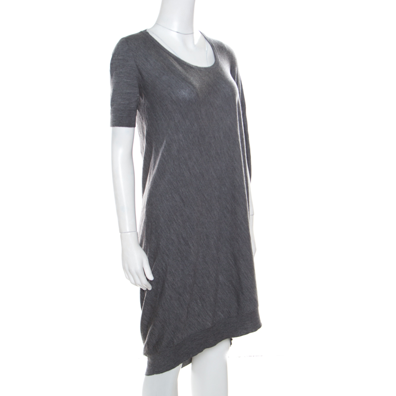 Alexander McQueen Grey Melange Wool Asymmetric Sleeve Oversized Shift Dress S