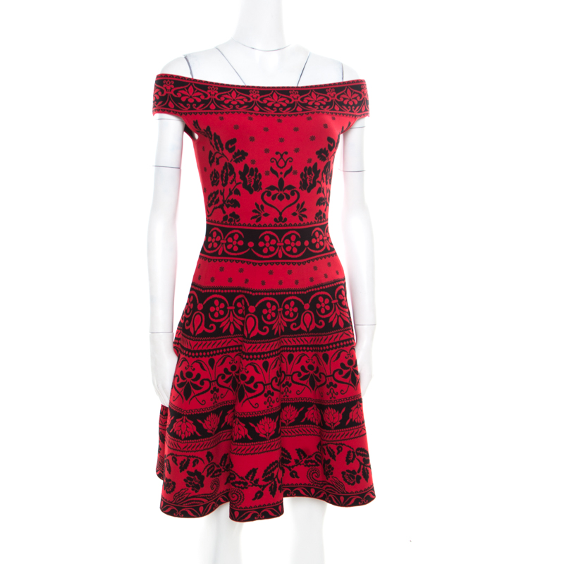

Alexander McQueen Red Floral Jacquard Knit Off Shoulder Flared Dress