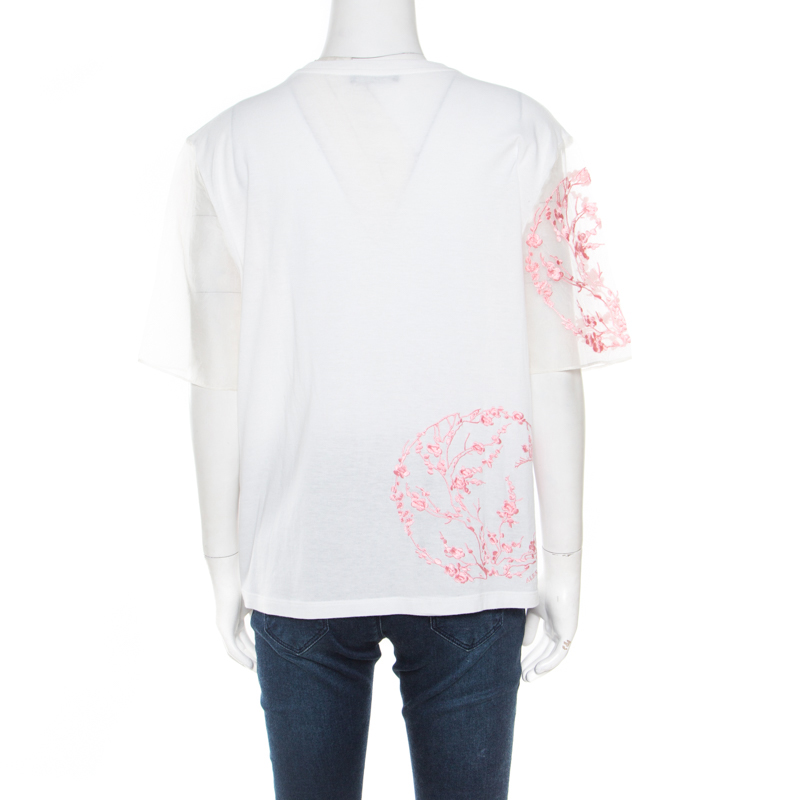 Alexander McQueen White Cotton Floral Embroidered Silk Sleeve Detail Oversized T-Shirt S