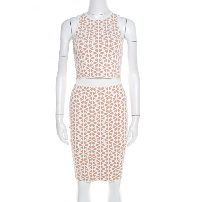 Image of Alexander McQueen Beige and White Embossed Floral Jacquard Crooped Top and Skirt Set S