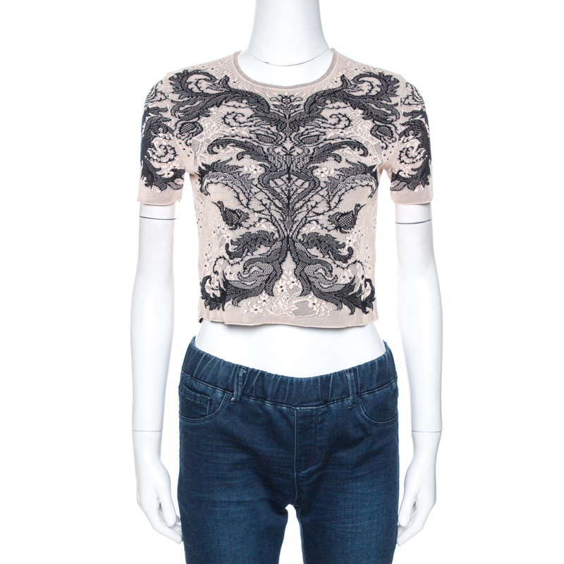 Image of Alexander McQueen Bicolor Spine Lace Jacquard Knit Crop Top S