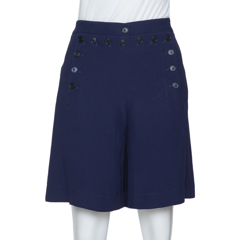 Image of Alexander McQueen Navy Blue Crepe Button Detail Shorts S