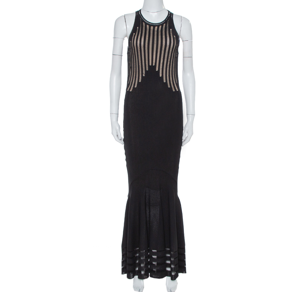 Image of Alexander McQueen Black Knit Sheer Detail Sleeveless Maxi Dress S