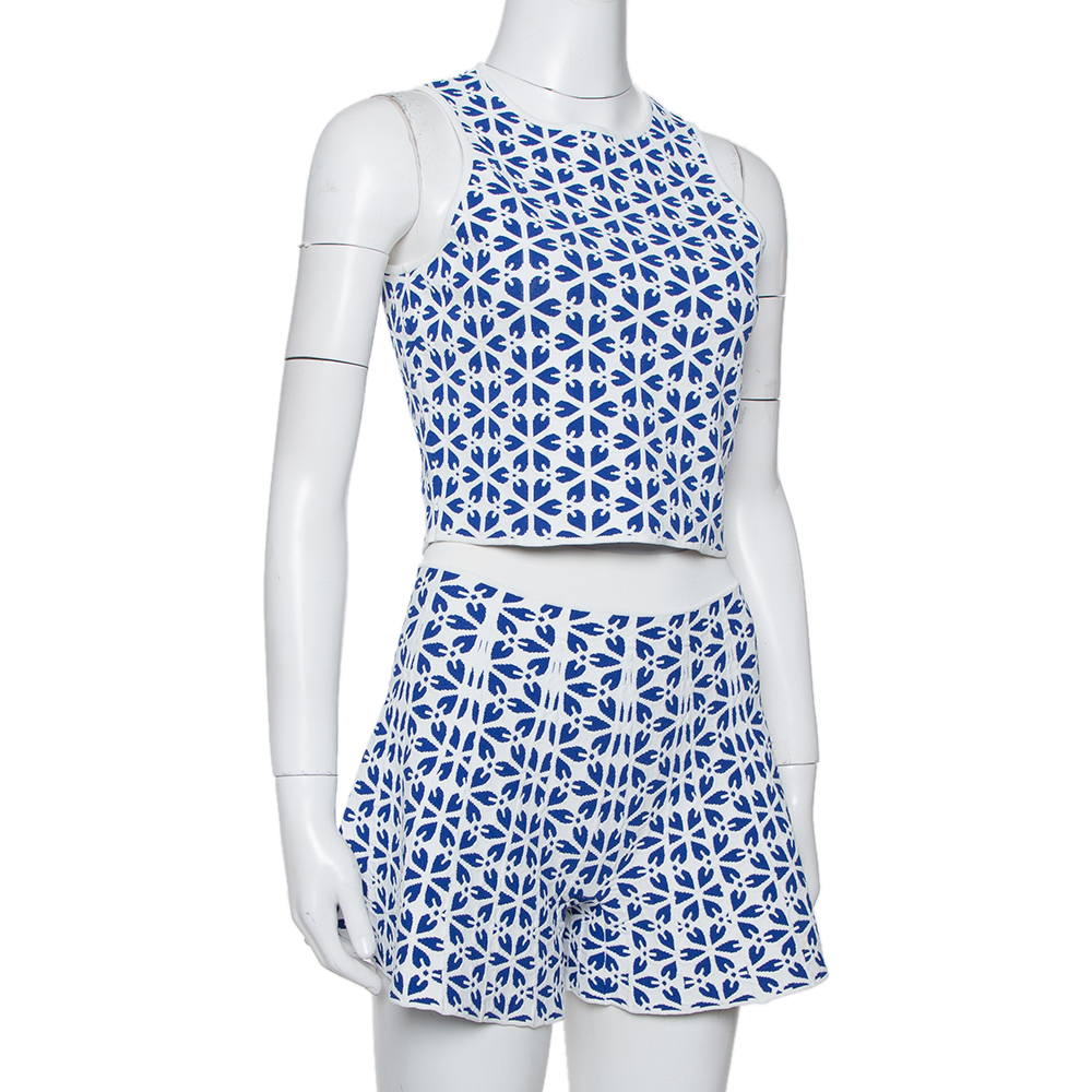 

Alexander McQueen White & Navy Blue Embossed Floral Jacquard Crop Top and Short Set