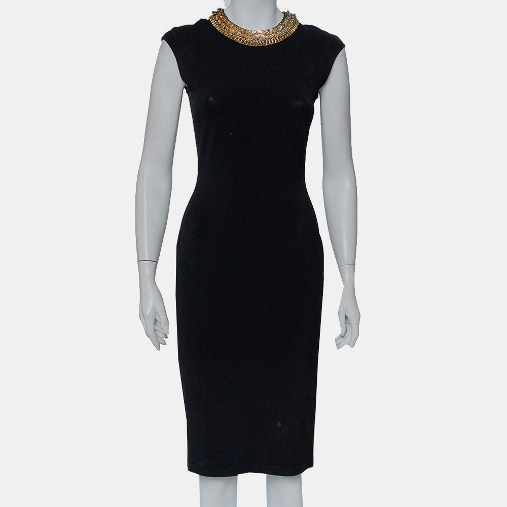 Alexander mcqueen black knit embellished neck detail sleeveless sheath dress m