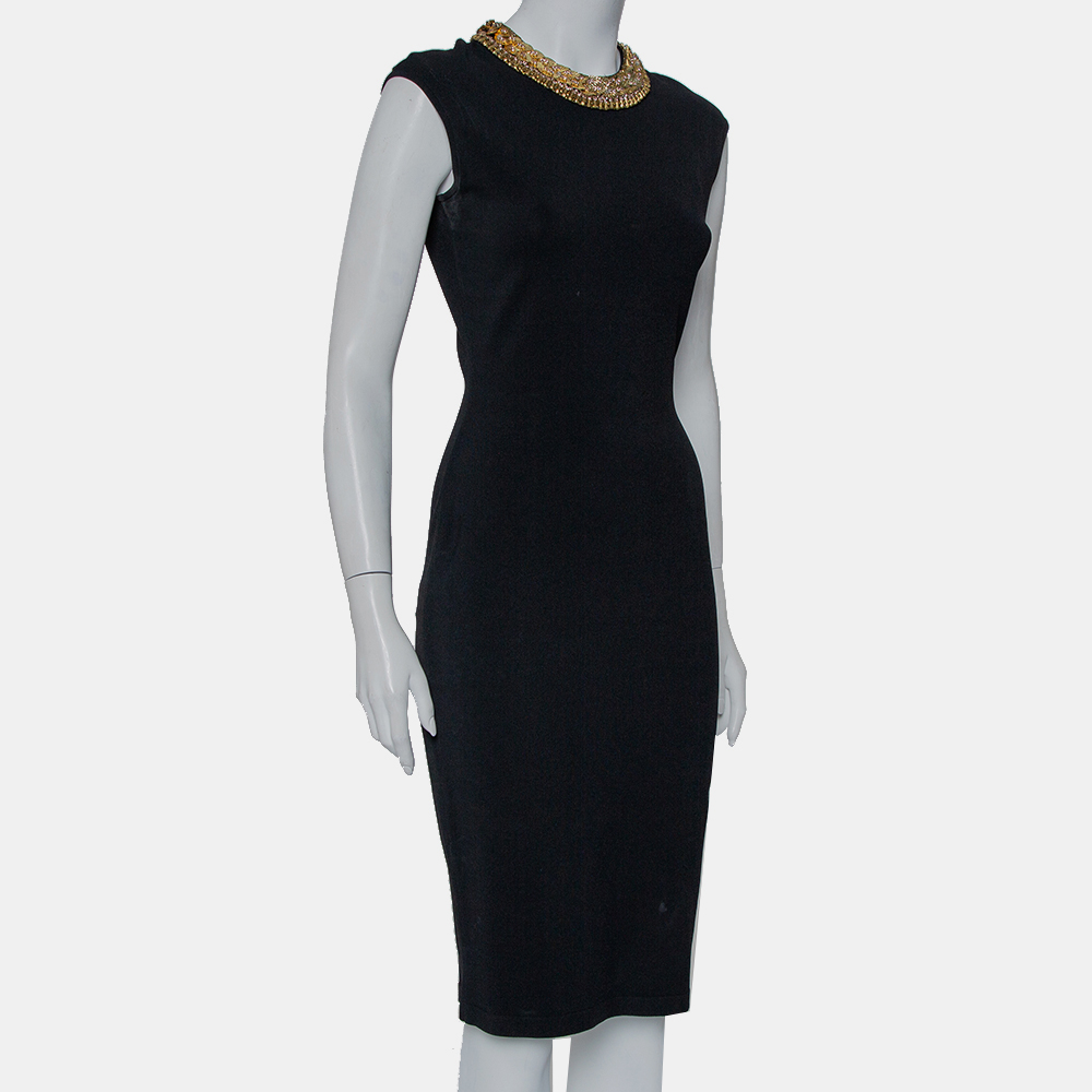 Alexander McQueen Black Knit Embellished Neck Detail Sleeveless Sheath Dress M