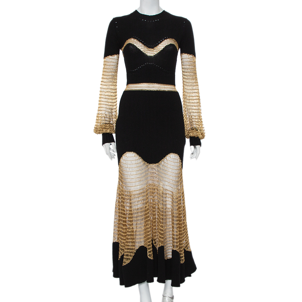 Alexander McQueen Black Knit & Lurex Mesh Maxi Dress M