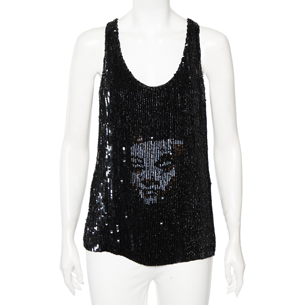 Alexander McQueen Black Sequinned Silk And Beaded Skull Pattern Sleeveless Top M