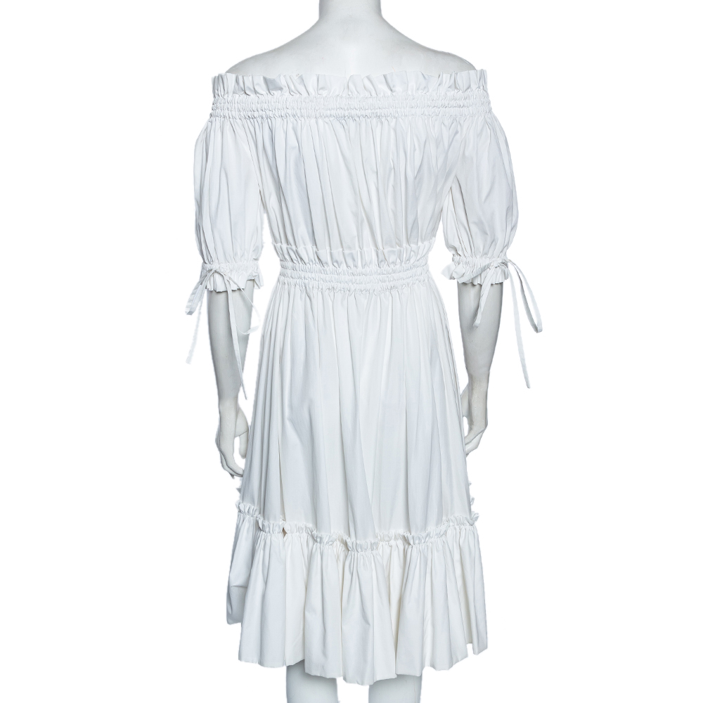 Alexander McQueen White Cotton Ruched Tiered Off Shoulder Midi Dress M