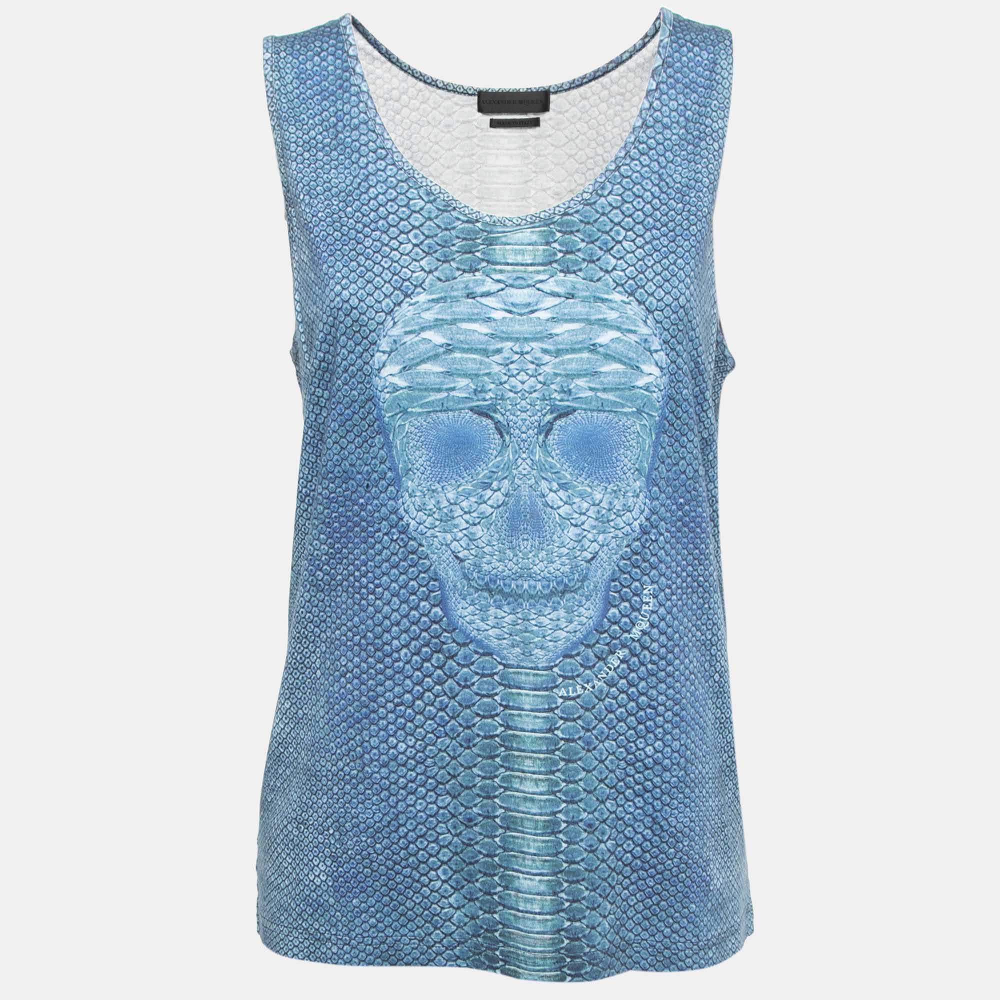 Alexander McQueen Blue Skull Printed Cotton Knit Tank Top S