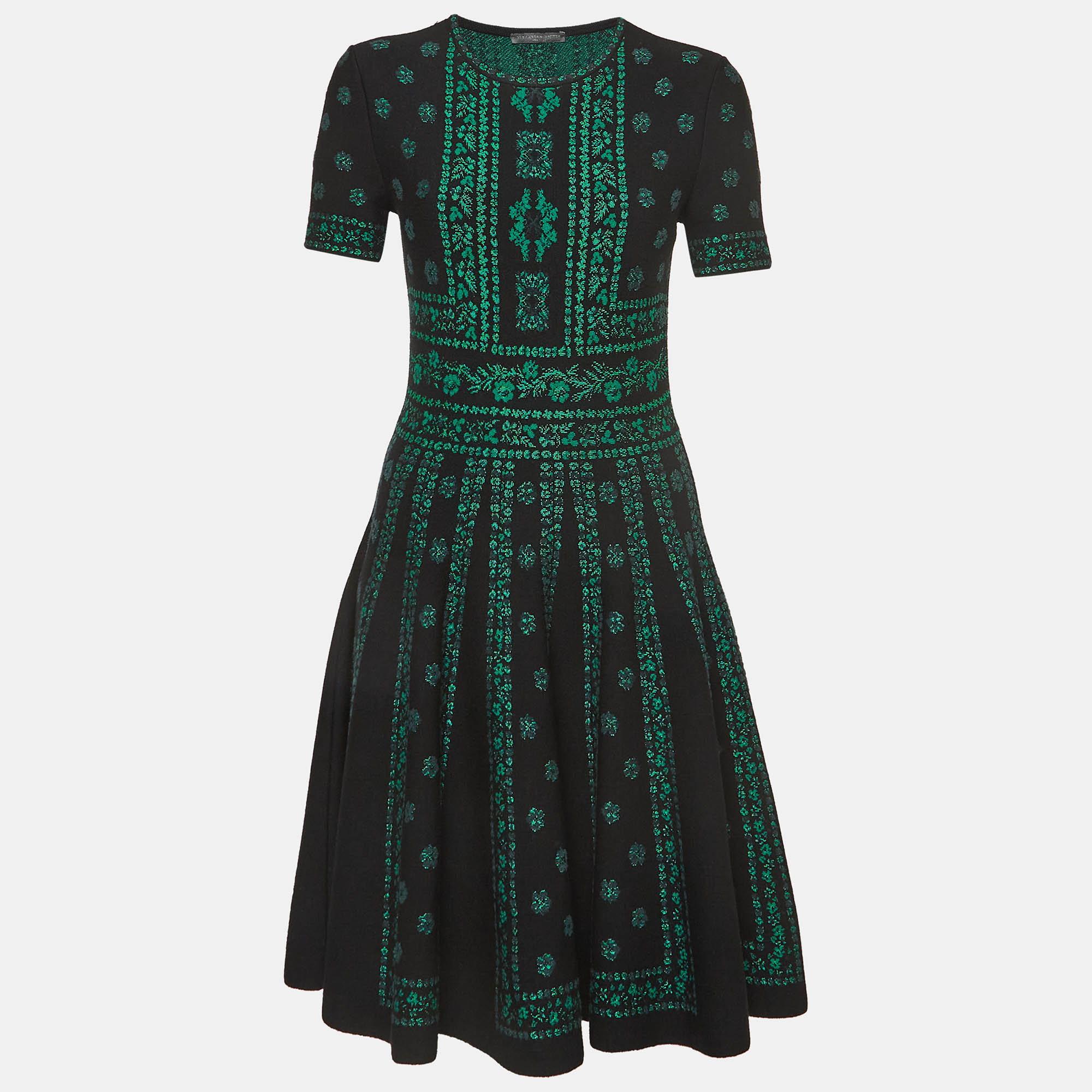 Alexander mcqueen black/green floral pattern knit pencil dress l