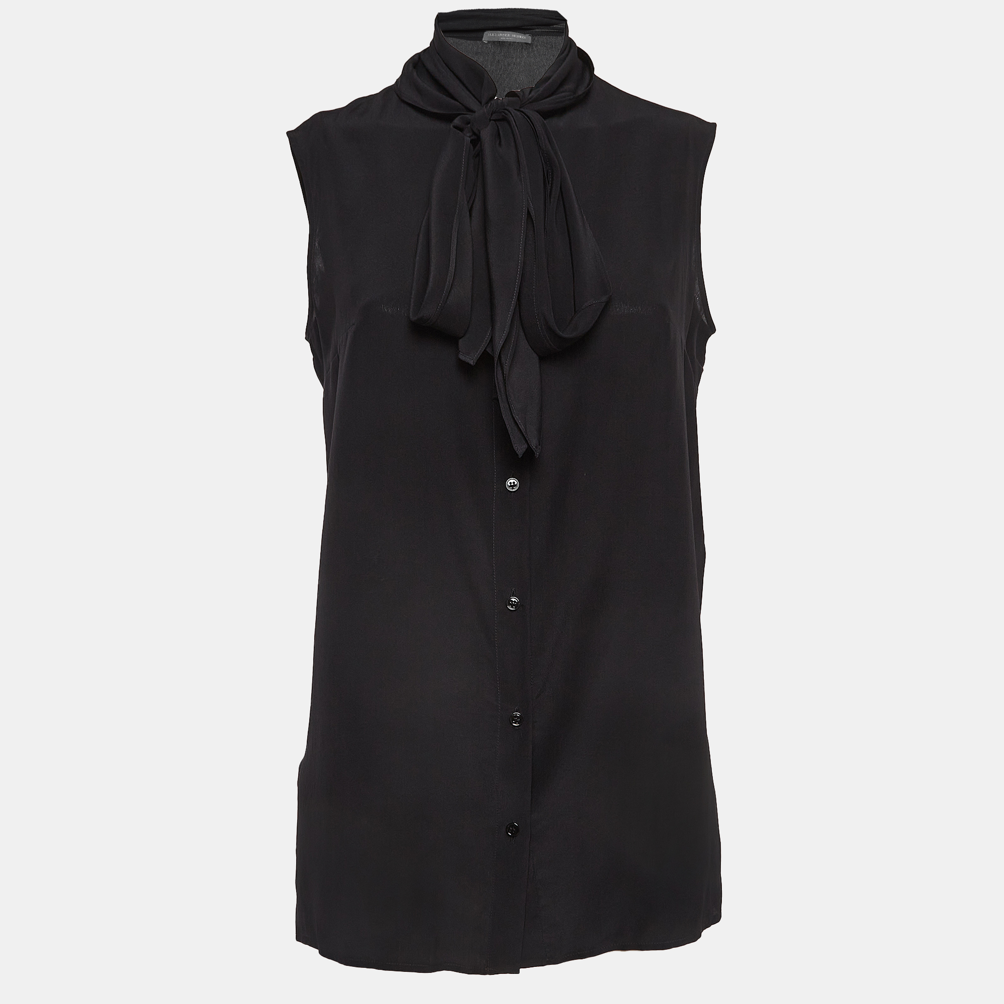 Alexander mcqueen black silk buttoned neck tie sleeveless blouse m