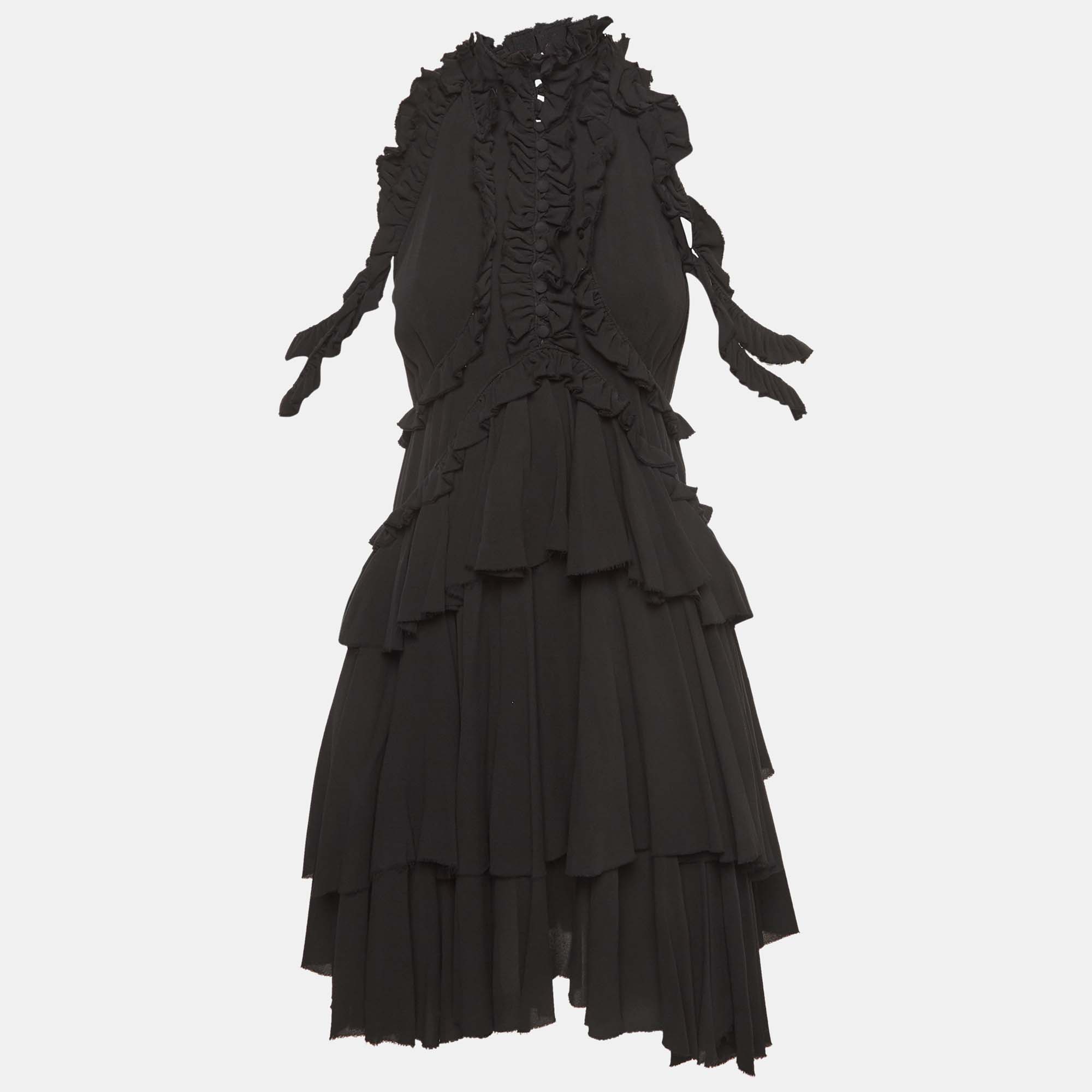 Alexander mcqueen black silk ruffled mini dress m