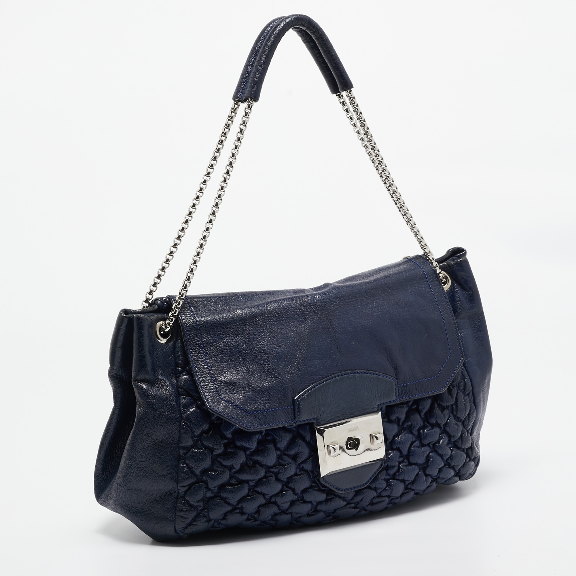 Alexander McQueen Navy Blue Quilted Leather Chain Flap Bag