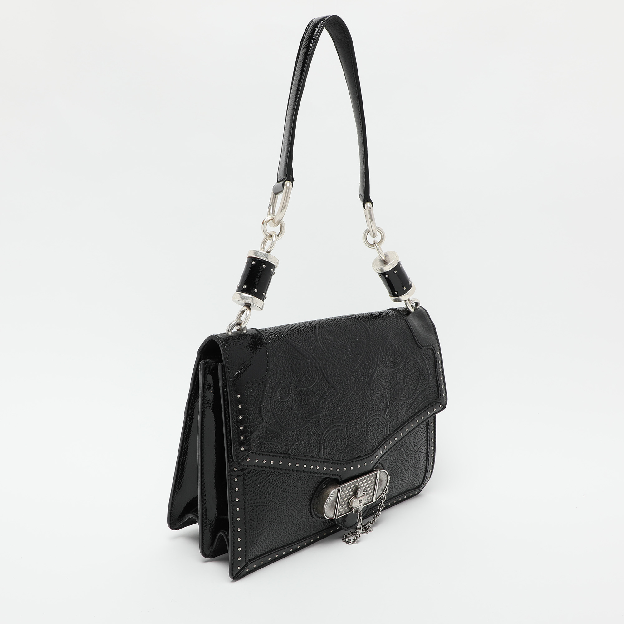 Alexander McQueen Black Embossed Patent Leather Top Handle Bag