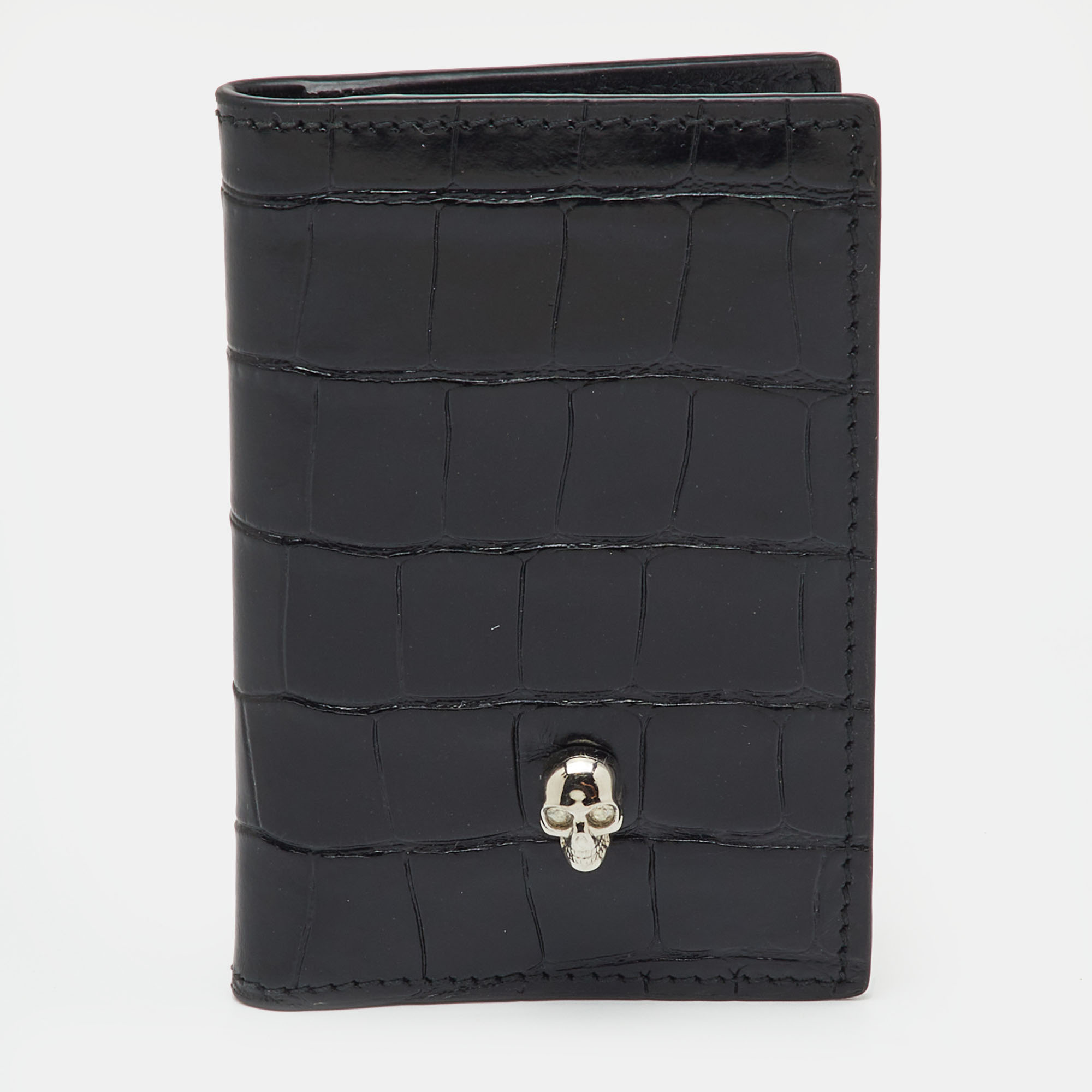 Alexander McQueen Black Croc Embossed Leather Skull Bifold Card Case 
Alexander McQueen Black Croc Embossed Leather Skull Bifold Card Case