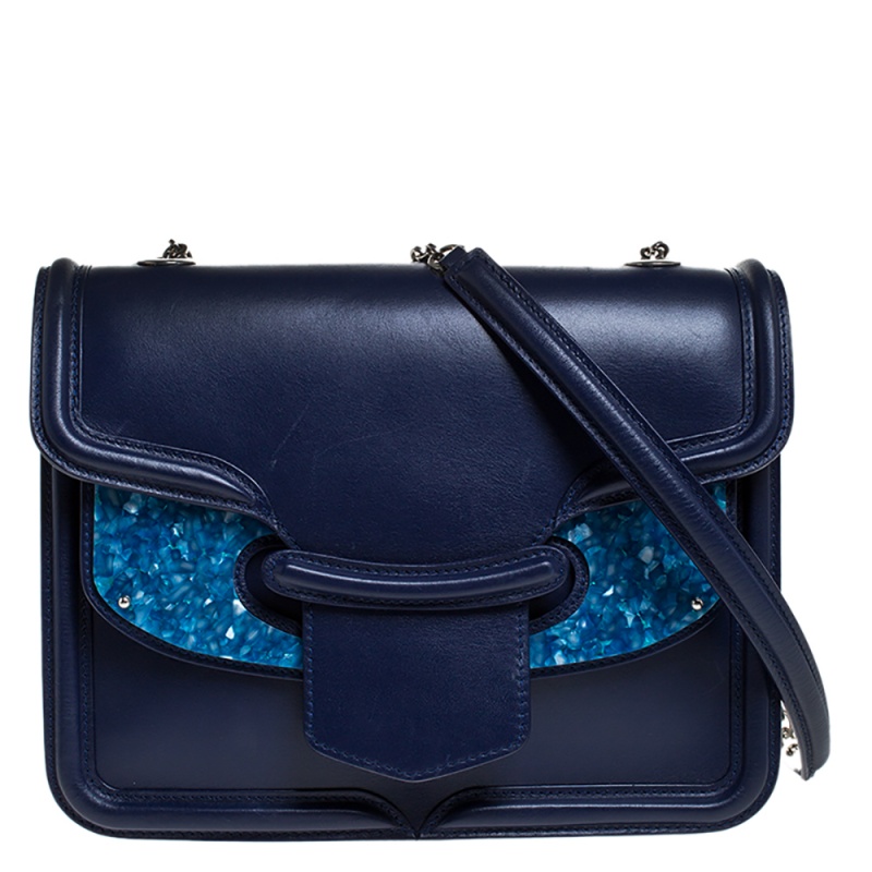 Image of Alexander McQueen Blue Leather Crystal Lucite Heroine Shoulder Bag